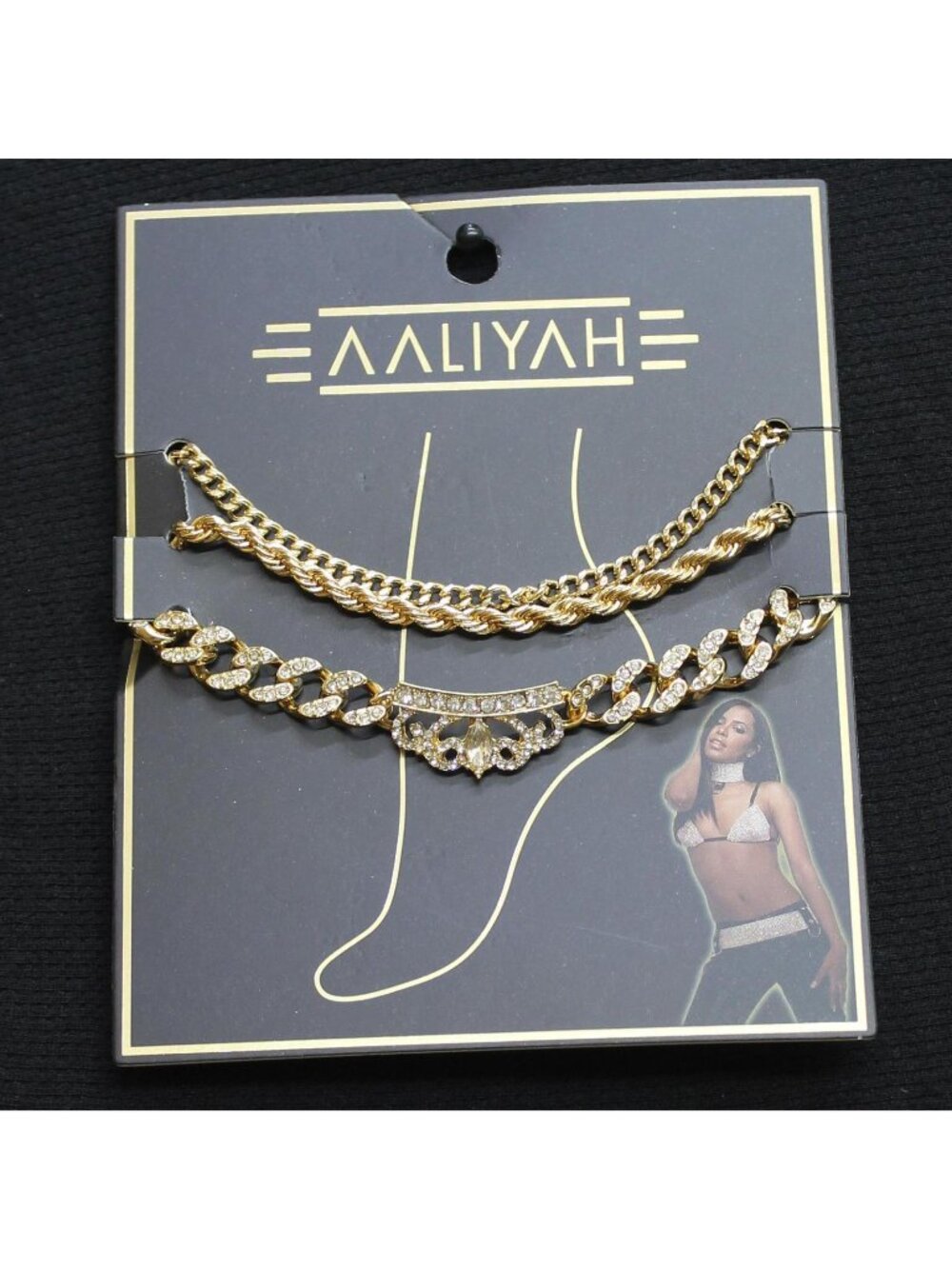 NWT Aaliyah Pack Rope Cuban Chain Rhinestone Crown Anklets Gold Yellow 10" + 2"